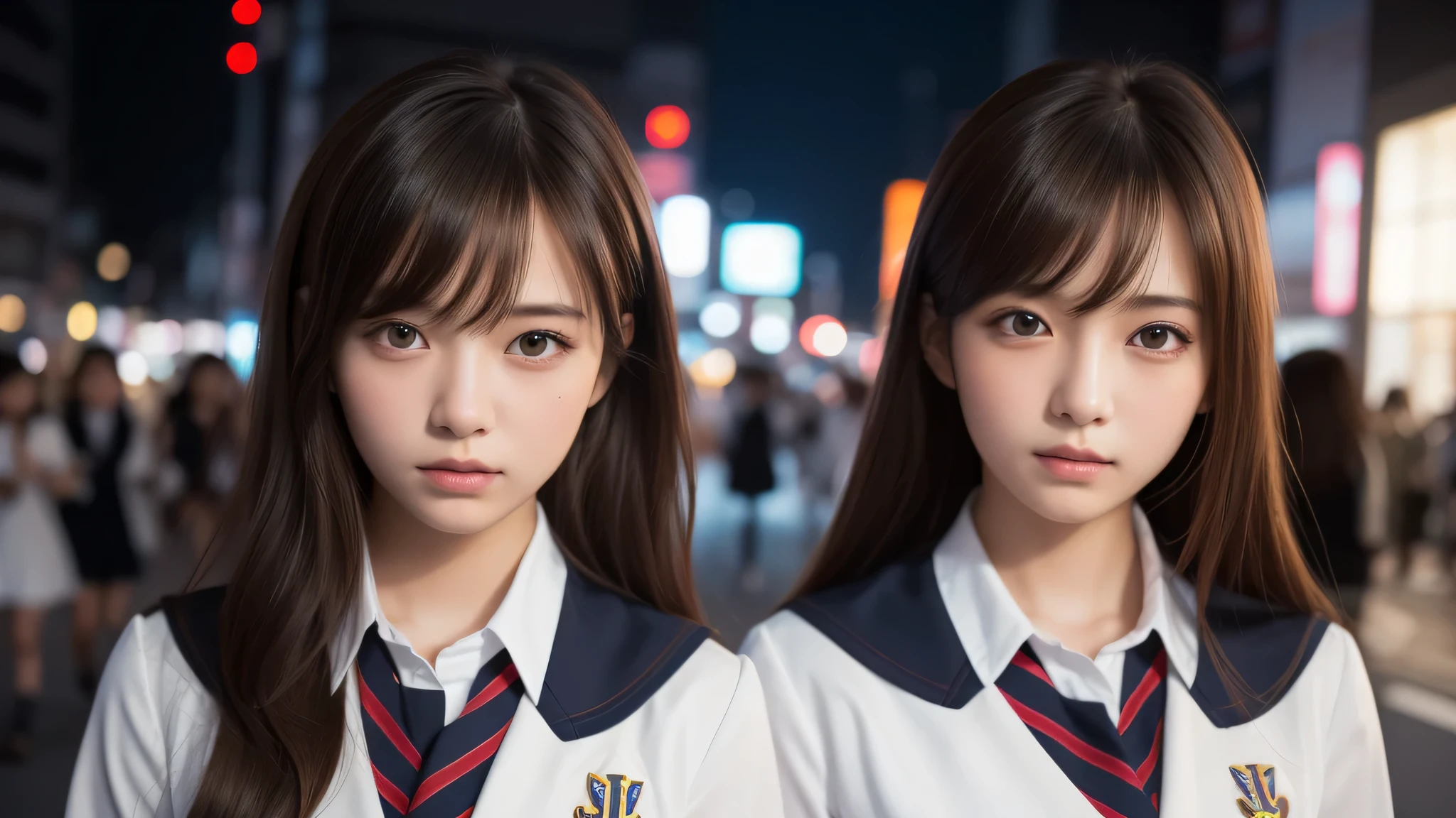 (2girl:1.2), (Best Quality:1.4), Realistic, extremely detailed CG unified 8k wallpaper, highly detailed, High-definition raw color photos, professional photography, Realistic portrait, Cinematic Light, Beautiful detailed, Beautiful breasts, (Fine face:1.2), Close up portrait of girl, B(high school uniform:1.2), Outdoors, (Tokyo city), Tokyo night scenery,