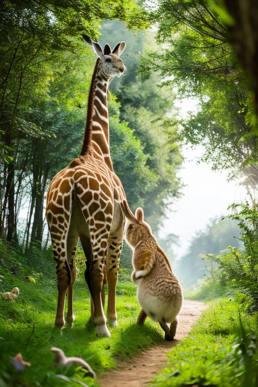 kid giraffe,Children's rabbits,encounter,forest,adventure,the beginning,Excited