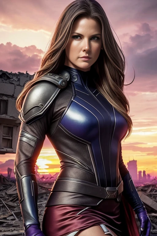 Ali Larter、Torn Suit、I'm wearing a skirt、masterpiece, 1 Girl, マーベルのサイロックとしてbeautiful女性, X-Men Psylocke Cosplay、purple suit、Fine and delicate features, Futuristic New York Background, Science fiction, blonde, Super Heroine, heroic, Perfect balance, photograph, 超Realistic, masterpiece, 8k, large format camera, 110mm lens, Dynamic Lighting, Rim lighting、Official Art, extremely detailed CG 8K wallpaper, perfect Lighting, De color, bright_amount_method_Light, piel bright, (masterpiece:1.0), (Better_quality:1.0), Ultra-high resolution, 4k , Very detailed, Director of Photography, 8K, HDR, Altas ResoLightones, (Confused:1.2), Kodak Portrait 400, Film Grain, blurred background, (Bokeh:1.2), Lens flare, (Vibrant_color:1.2), プロのphotograph撮影, (beautiful_method:1.5),More detailed 8K.Unreal Engine:1.4,Hmm.,La Better calidad:1.4, Realistic:1.4, Skin temperature:1.4, masterpiece:1.8,masterpiece, Better calidad,object object], (Detailed facial features:1.3),(Anti-sedentary apocalyptic destroyed city:1.4), (Apocalyptic Sunset:1.4)