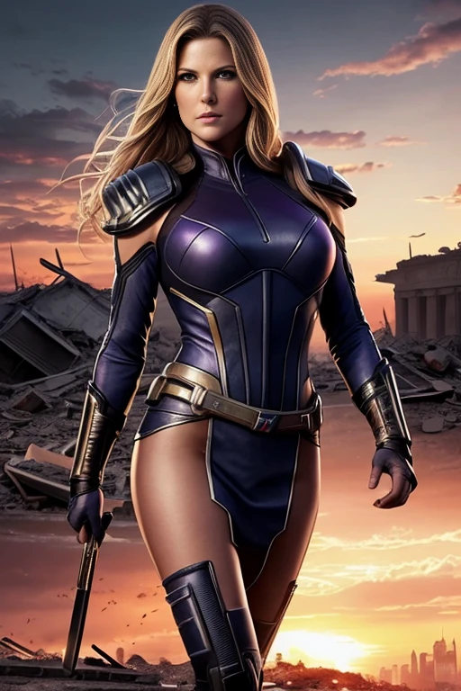 Ali Larter、Torn Suit、I'm wearing a skirt、masterpiece, 1 Girl, マーベルのサイロックとしてbeautiful女性, X-Men Psylocke Cosplay、purple suit、Fine and delicate features, Futuristic New York Background, Science fiction, blonde, Super Heroine, heroic, Perfect balance, photograph, 超Realistic, masterpiece, 8k, large format camera, 110mm lens, Dynamic Lighting, Rim lighting、Official Art, extremely detailed CG 8K wallpaper, perfect Lighting, De color, bright_amount_method_Light, piel bright, (masterpiece:1.0), (Better_quality:1.0), Ultra-high resolution, 4k , Very detailed, Director of Photography, 8K, HDR, Altas ResoLightones, (Confused:1.2), Kodak Portrait 400, Film Grain, blurred background, (Bokeh:1.2), Lens flare, (Vibrant_color:1.2), プロのphotograph撮影, (beautiful_method:1.5),More detailed 8K.Unreal Engine:1.4,Hmm.,La Better calidad:1.4, Realistic:1.4, Skin temperature:1.4, masterpiece:1.8,masterpiece, Better calidad,object object], (Detailed facial features:1.3),(Anti-sedentary apocalyptic destroyed city:1.4), (Apocalyptic Sunset:1.4)