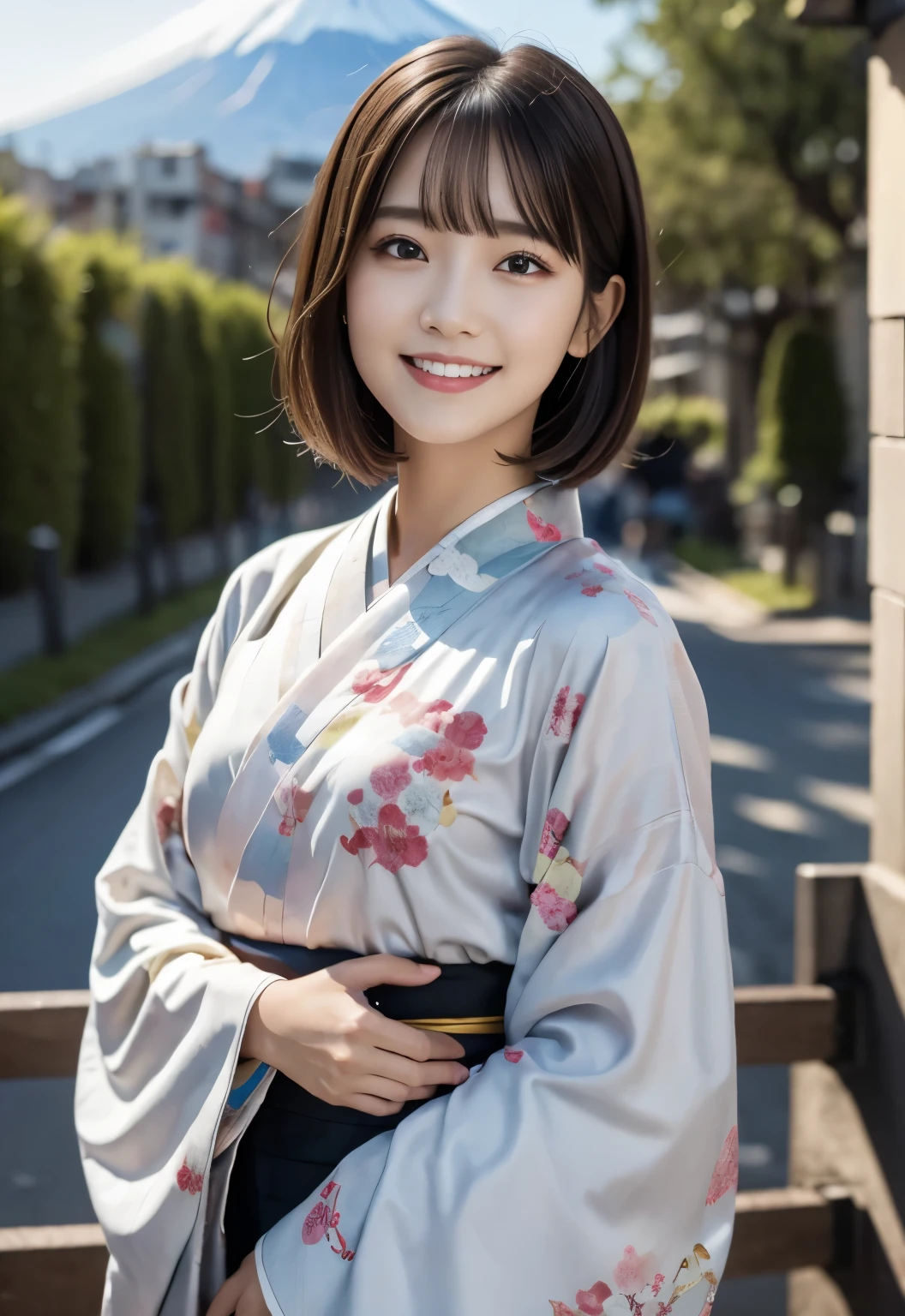 (masterpiece, best quality:1.1), (8k, raw photo, photo realistic:1.2, f22), (shiny skin), detailed skin, Medium Bob,detailed face, detailed eyes, smile,BREAK, real world, intricate details, smil, BREAK, 1girl, (kimono), BREAK, (Mt.Fuji:1.4), BREAK