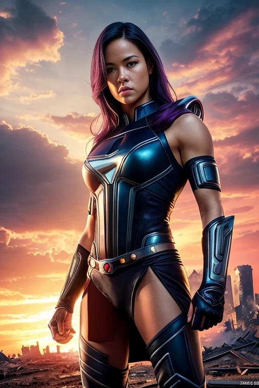 Michelle Rodriguez、Torn Suit、I'm wearing a skirt、masterpiece, 1 Girl, マーベルのサイロックとしてbeautiful女性, X-Men Psylocke Cosplay、purple suit、Fine and delicate features, Futuristic New York Background, Science fiction, blonde, Super Heroine, heroic, Perfect balance, photograph, 超Realistic, masterpiece, 8k, large format camera, 110mm lens, Dynamic Lighting, Rim lighting、Official Art, extremely detailed CG 8K wallpaper, perfect Lighting, De color, bright_amount_method_Light, piel bright, (masterpiece:1.0), (Better_quality:1.0), Ultra-high resolution, 4k , Very detailed, Director of Photography, 8K, HDR, Altas ResoLightones, (Confused:1.2), Kodak Portrait 400, Film Grain, blurred background, (Bokeh:1.2), Lens flare, (Vibrant_color:1.2), プロのphotograph撮影, (beautiful_method:1.5),More detailed 8K.Unreal Engine:1.4,Hmm.,La Better calidad:1.4, Realistic:1.4, Skin temperature:1.4, masterpiece:1.8,masterpiece, Better calidad,object object], (Detailed facial features:1.3),(Anti-sedentary apocalyptic destroyed city:1.4), (Apocalyptic Sunset:1.4)