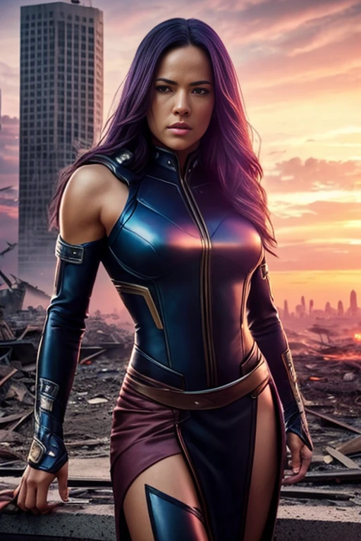 Michelle Rodriguez、Torn Suit、I'm wearing a skirt、masterpiece, 1 Girl, マーベルのサイロックとしてbeautiful女性, X-Men Psylocke Cosplay、purple suit、Fine and delicate features, Futuristic New York Background, Science fiction, blonde, Super Heroine, heroic, Perfect balance, photograph, 超Realistic, masterpiece, 8k, large format camera, 110mm lens, Dynamic Lighting, Rim lighting、Official Art, extremely detailed CG 8K wallpaper, perfect Lighting, De color, bright_amount_method_Light, piel bright, (masterpiece:1.0), (Better_quality:1.0), Ultra-high resolution, 4k , Very detailed, Director of Photography, 8K, HDR, Altas ResoLightones, (Confused:1.2), Kodak Portrait 400, Film Grain, blurred background, (Bokeh:1.2), Lens flare, (Vibrant_color:1.2), プロのphotograph撮影, (beautiful_method:1.5),More detailed 8K.Unreal Engine:1.4,Hmm.,La Better calidad:1.4, Realistic:1.4, Skin temperature:1.4, masterpiece:1.8,masterpiece, Better calidad,object object], (Detailed facial features:1.3),(Anti-sedentary apocalyptic destroyed city:1.4), (Apocalyptic Sunset:1.4)