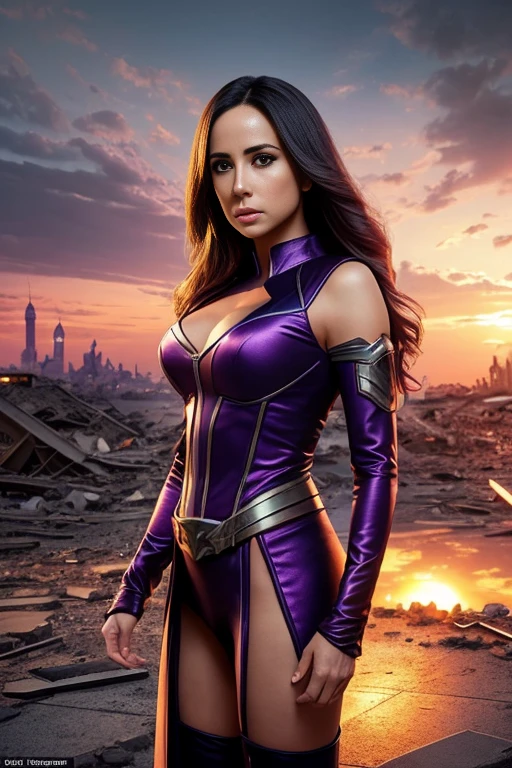Eliza Dushku、Torn Suit、I'm wearing a skirt、masterpiece, 1 Girl, マーベルのサイロックとしてbeautiful女性, X-Men Psylocke Cosplay、purple suit、Fine and delicate features, Futuristic New York Background, Science fiction, blonde, Super Heroine, heroic, Perfect balance, photograph, 超Realistic, masterpiece, 8k, large format camera, 110mm lens, Dynamic Lighting, Rim lighting、Official Art, extremely detailed CG 8K wallpaper, perfect Lighting, De color, bright_amount_method_Light, piel bright, (masterpiece:1.0), (Better_quality:1.0), Ultra-high resolution, 4k , Very detailed, Director of Photography, 8K, HDR, Altas ResoLightones, (Confused:1.2), Kodak Portrait 400, Film Grain, blurred background, (Bokeh:1.2), Lens flare, (Vibrant_color:1.2), プロのphotograph撮影, (beautiful_method:1.5),More detailed 8K.Unreal Engine:1.4,Hmm.,La Better calidad:1.4, Realistic:1.4, Skin temperature:1.4, masterpiece:1.8,masterpiece, Better calidad,object object], (Detailed facial features:1.3),(Anti-sedentary apocalyptic destroyed city:1.4), (Apocalyptic Sunset:1.4)