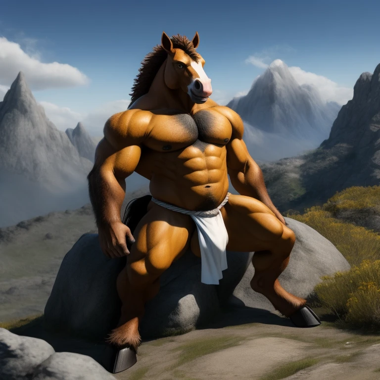 Furry, Antro , Complexion normal [Horse color dark Marronmetal] , [Fundoshi Bulto Male Big], [(Fundoshi BLANCO)], Solo,Tumbado [Bulto Male Big], Big Balls, Hooves , Detallado, cuerpo completo, Cuerpo Peludo Marron amarillo, Cuerpo Perfecto, Piedral Mountain Background, Pupil Eyes, Alta resolucion 4K