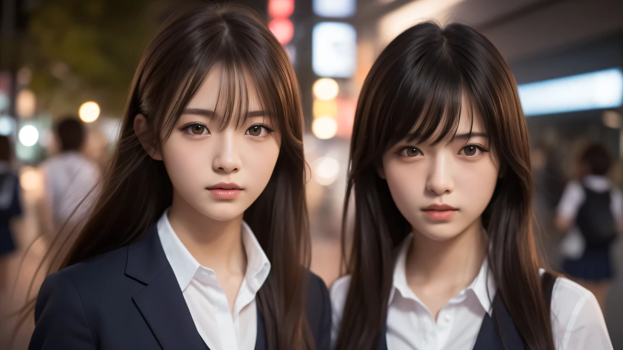 (2girl:1.2), (Best Quality:1.4), Realistic, extremely detailed CG unified 8k wallpaper, highly detailed, High-definition raw color photos, professional photography, Realistic portrait, Cinematic Light, Beautiful detailed, Beautiful breasts, (Fine face:1.2), Close up portrait of girl, B(high school uniform:1.2), Outdoors, (Tokyo city), Tokyo night scenery, 