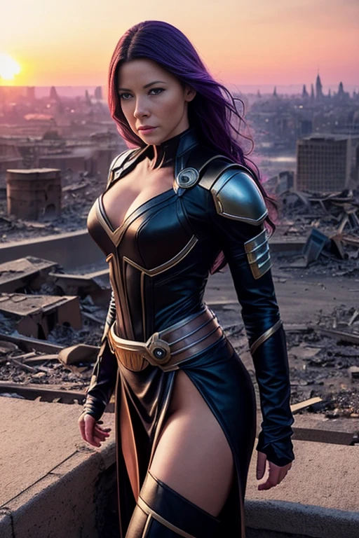 Evangeline Lilly、Torn Suit、I'm wearing a skirt、masterpiece, 1 Girl, マーベルのサイロックとしてbeautiful女性, X-Men Psylocke Cosplay、purple suit、Fine and delicate features, Futuristic New York Background, Science fiction, blonde, Super Heroine, heroic, Perfect balance, photograph, 超Realistic, masterpiece, 8k, large format camera, 110mm lens, Dynamic Lighting, Rim lighting、Official Art, extremely detailed CG 8K wallpaper, perfect Lighting, De color, bright_amount_method_Light, piel bright, (masterpiece:1.0), (Better_quality:1.0), Ultra-high resolution, 4k , Very detailed, Director of Photography, 8K, HDR, Altas ResoLightones, (Confused:1.2), Kodak Portrait 400, Film Grain, blurred background, (Bokeh:1.2), Lens flare, (Vibrant_color:1.2), プロのphotograph撮影, (beautiful_method:1.5),More detailed 8K.Unreal Engine:1.4,Hmm.,La Better calidad:1.4, Realistic:1.4, Skin temperature:1.4, masterpiece:1.8,masterpiece, Better calidad,object object], (Detailed facial features:1.3),(Anti-sedentary apocalyptic destroyed city:1.4), (Apocalyptic Sunset:1.4)
