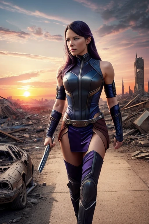 Evangeline Lilly、Torn Suit、I'm wearing a skirt、masterpiece, 1 Girl, マーベルのサイロックとしてbeautiful女性, X-Men Psylocke Cosplay、purple suit、Fine and delicate features, Futuristic New York Background, Science fiction, blonde, Super Heroine, heroic, Perfect balance, photograph, 超Realistic, masterpiece, 8k, large format camera, 110mm lens, Dynamic Lighting, Rim lighting、Official Art, extremely detailed CG 8K wallpaper, perfect Lighting, De color, bright_amount_method_Light, piel bright, (masterpiece:1.0), (Better_quality:1.0), Ultra-high resolution, 4k , Very detailed, Director of Photography, 8K, HDR, Altas ResoLightones, (Confused:1.2), Kodak Portrait 400, Film Grain, blurred background, (Bokeh:1.2), Lens flare, (Vibrant_color:1.2), プロのphotograph撮影, (beautiful_method:1.5),More detailed 8K.Unreal Engine:1.4,Hmm.,La Better calidad:1.4, Realistic:1.4, Skin temperature:1.4, masterpiece:1.8,masterpiece, Better calidad,object object], (Detailed facial features:1.3),(Anti-sedentary apocalyptic destroyed city:1.4), (Apocalyptic Sunset:1.4)