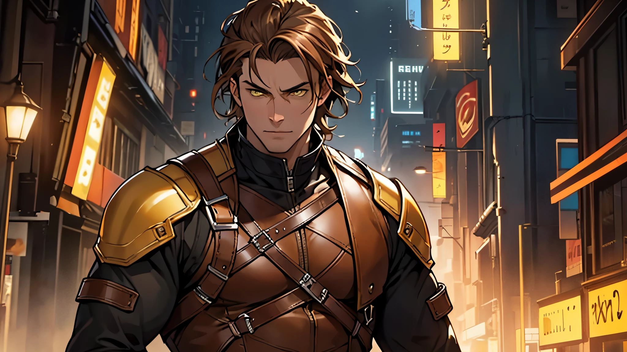 Creativa, Shiny yellow eyes, brown leather outfit, Highest quality, masterpiece, 8K, male, mature male, tall, epic, (masterpiece:1.8, best quality), (solo, upper body), waist, ((brown medium hair)), multi views