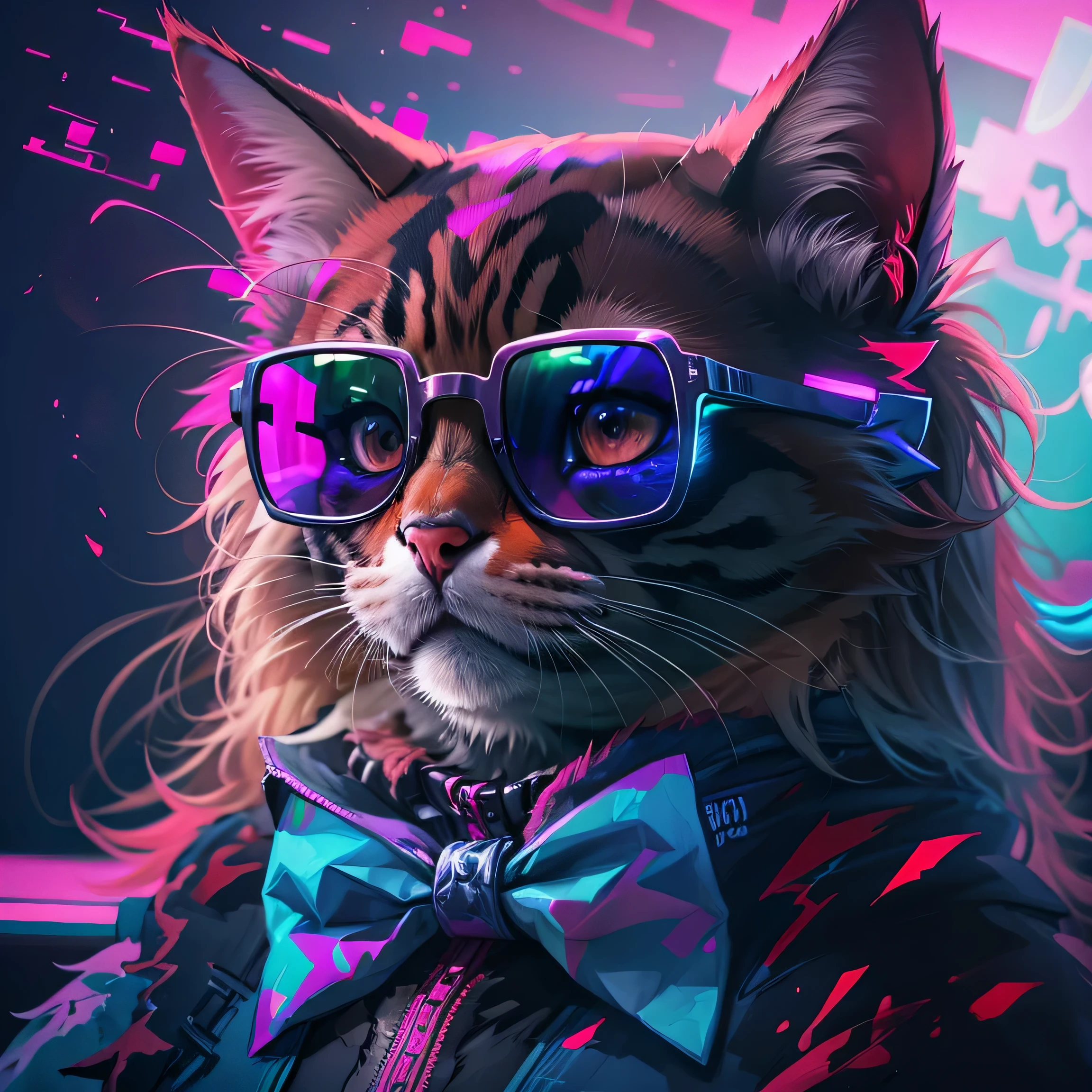 There is a cat wearing sunglasses and a bow tie, Synthwave Art style ]!!, Synthwave Art style, Furry digital art, awesome cat、4 k Synthwave Art style,Cyberpunk Cat, Looks really cool and stylish, Synthwave Art, digital art animal photography, synthwave style, epic retrowave art, Just a joke, wallpaper 4k