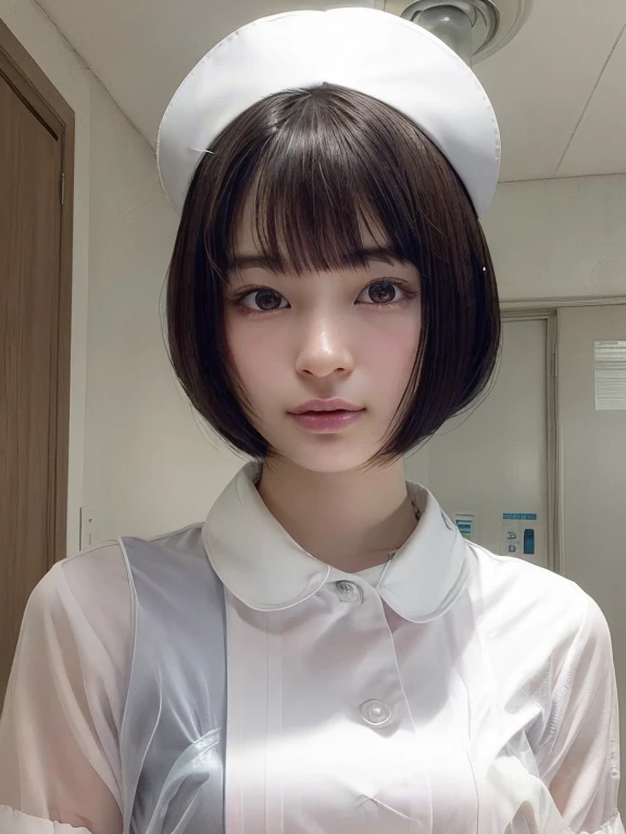 1 girl,(Wearing white nurse clothes:1.2),(Raw photo, highest quality), (Realistic, photo-Realistic:1.4), masterpiece, Very delicate and beautiful, very detailed, 2k wallpaper, wonderful, finely, very detailed CG unity 8k wallpaper, Very detailed, High resolution, Soft Light, Beautiful detailed girl, very detailed eyes and face, Beautifully detailed nose, finely beautiful eyes, nurse, Perfect Anatomy, Black Hair, Upstyle, nurse uniform, ((nurse cap)), Long skirt, nurse, White costume, thin, hospital, clear, White uniform, hospital room, Neck auscultation, Short Hair, ((fluffy bob cut)), ((head shot))