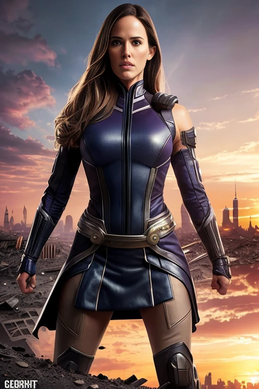 Jennifer Garner、Torn Suit、I'm wearing a skirt、masterpiece, 1 Girl, マーベルのサイロックとしてbeautiful女性, X-Men Psylocke Cosplay、purple suit、Fine and delicate features, Futuristic New York Background, Science fiction, blonde, Super Heroine, heroic, Perfect balance, photograph, 超Realistic, masterpiece, 8k, large format camera, 110mm lens, Dynamic Lighting, Rim lighting、Official Art, extremely detailed CG 8K wallpaper, perfect Lighting, De color, bright_amount_method_Light, piel bright, (masterpiece:1.0), (Better_quality:1.0), Ultra-high resolution, 4k , Very detailed, Director of Photography, 8K, HDR, Altas ResoLightones, (Confused:1.2), Kodak Portrait 400, Film Grain, blurred background, (Bokeh:1.2), Lens flare, (Vibrant_color:1.2), プロのphotograph撮影, (beautiful_method:1.5),More detailed 8K.Unreal Engine:1.4,Hmm.,La Better calidad:1.4, Realistic:1.4, Skin temperature:1.4, masterpiece:1.8,masterpiece, Better calidad,object object], (Detailed facial features:1.3),(Anti-sedentary apocalyptic destroyed city:1.4), (Apocalyptic Sunset:1.4)