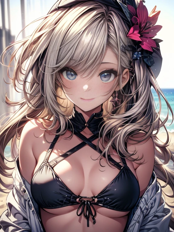 a 23yo girl, Beautiful lighting,face light、(Close-up light on chest:1.3)、(summer Beach :1.2)、(random bikini:1.3),cute face、young face、small nose、(with sparkling eyes and a contagious smile),bronde hair、fine hair,hair spreading in the wind、hair is shiny、masterpiece, highest quality, Super detailed, High resolution, Detail view, very beautiful detailed face and eyes, bright colors, cute face, delicate beautiful face, Bright magenta eyes, cute eyes, sparkling eyes, Big eyes, (big breasts:1.3), (perky chest:1.1), (pointed chest:1.1), medium hips, glamorous body, white skin, smile, thin pubric hair, shiny hair, off underware ,small cute ribbon, Real World, Natural light,perfect Natural light、looking at viewer,
