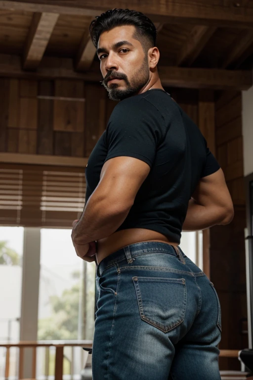 hulk photography, light cinematic heavyweight bodybuilder, 75 kg of complete muscle, Bigote grueso y trozo chino barbudo, hombres muy guapo. perfect body proportion,, hypermuscular nalgon, realista, cowboy with hat, black shirt, white shorts, backside, trasero inclinado