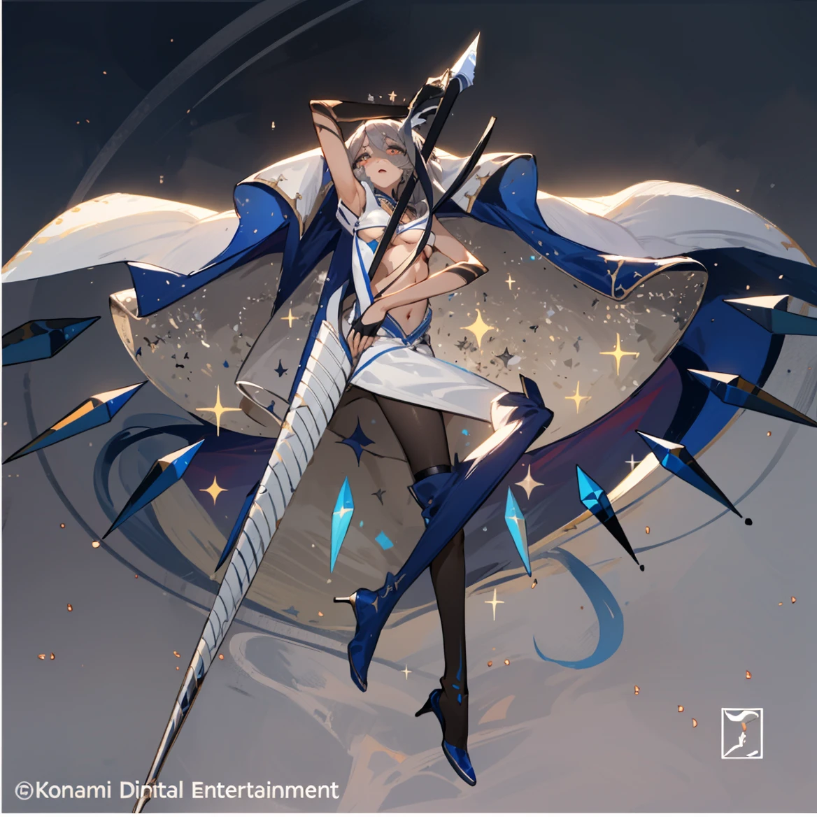 angel,big wing, [[[granblue fantasy style]]], full body, best detailed girl, cowboy shot, [[[wet]]], [abs], woman, messy long hair, ringlets, grey hair, extremely beautiful detailed anime face and eyes, beautiful detailed cold face, cleavage cutout, Beautiful accessories, perfect　Spear , Gemological ornaments, white Clothes, and there are some detailed feathers falling in the sky.The background is the sky at dawn, beautiful detailed glow, extremely detailed,underboob,panties under pantyhose,dildo