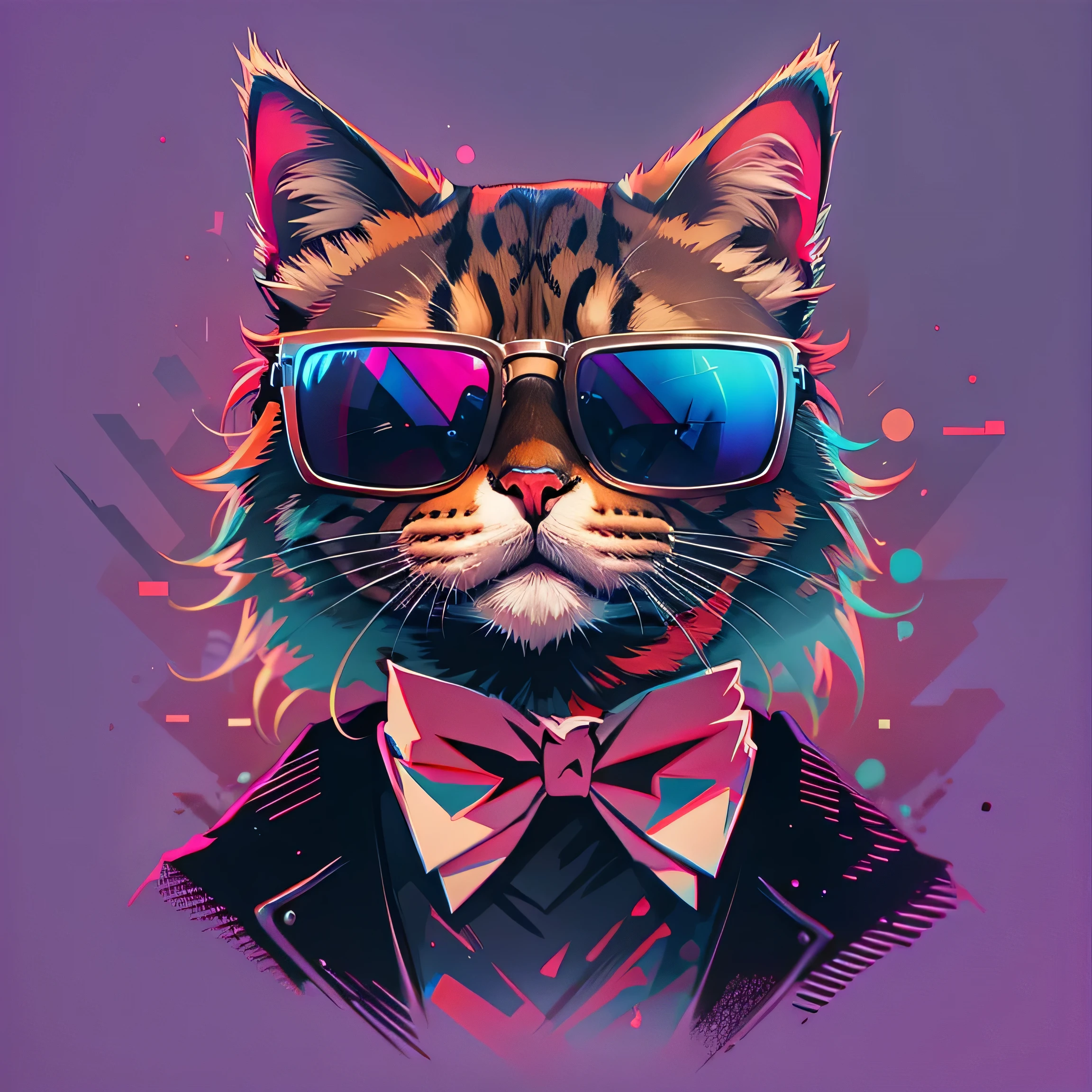 There is a cat wearing sunglasses and a bow tie, Vector art inspired by Mike Winkelmann, Shutterstock, fur art, Synthwave Art style, Synthwave Art style, Furry digital art, awesome cat, 4 k Synthwave Art style, Cyberpunk Cat, Looks really cool and stylish, Synthwave Art, digital art animal photography