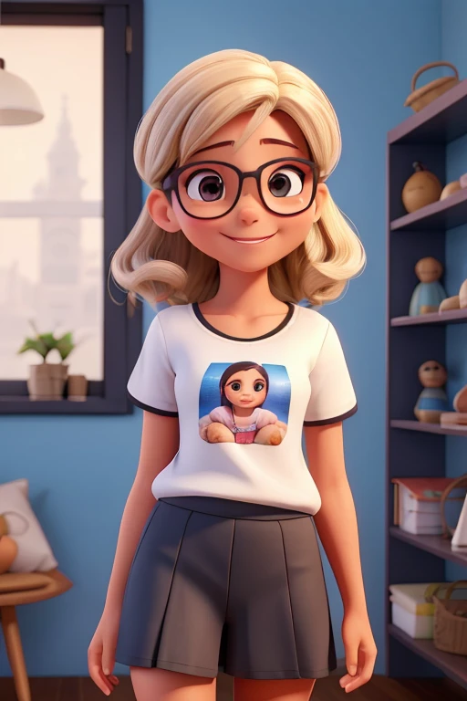 Uma linda mulher 3D 41 anos cabelo preto ondulado curtinho de oculos transparente pequeno redondo de maquiagem de corpo perfeito 1 metro e 55 de altura calsa branca e blusa perta de renda de tenis com bracos e pernas encruzados, a mesma sorridente.