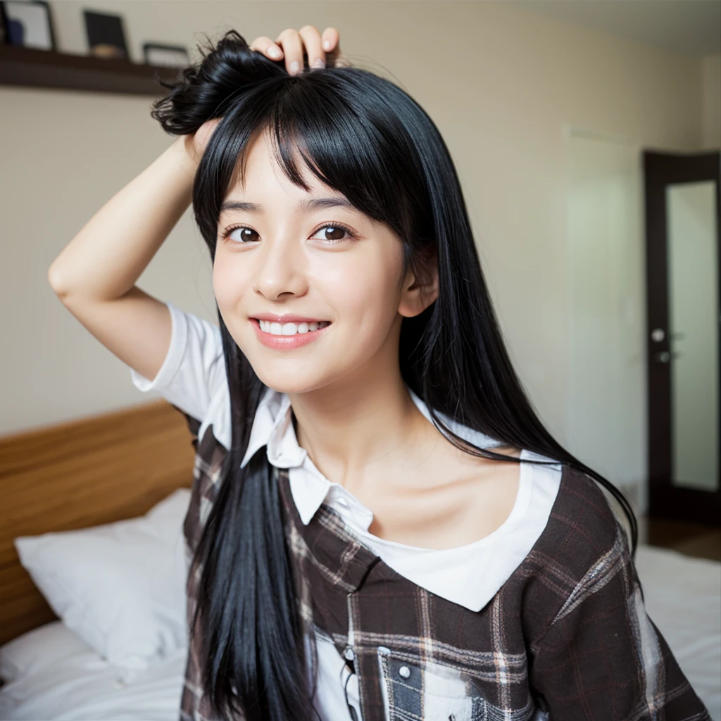 photo realistic, photo realistic, 1girl, black hair, beautiful eyes, beautiful face, smile, holding hair, bedroom,