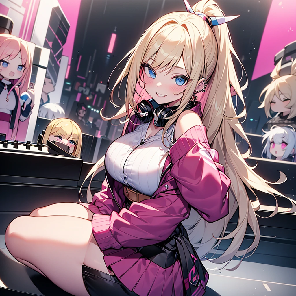 highest quality、Blonde、ponytail、Slanted Eyes、blue eyes、thick eyeliner、Pale skin、Gal、high school girl、wearing a cardigan around the waist、Cleavage、Have many ear piercings、bracelet、Headphones、pink lip、big breasts、Short skirt、Knee-high boots、DJing、Lots of neon、Ruthless smile、red nails、Nightclub