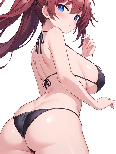 ((white background)), masterpiece, best quality, solo, seductive pose, black micro bikini, dutch angle, thighs,