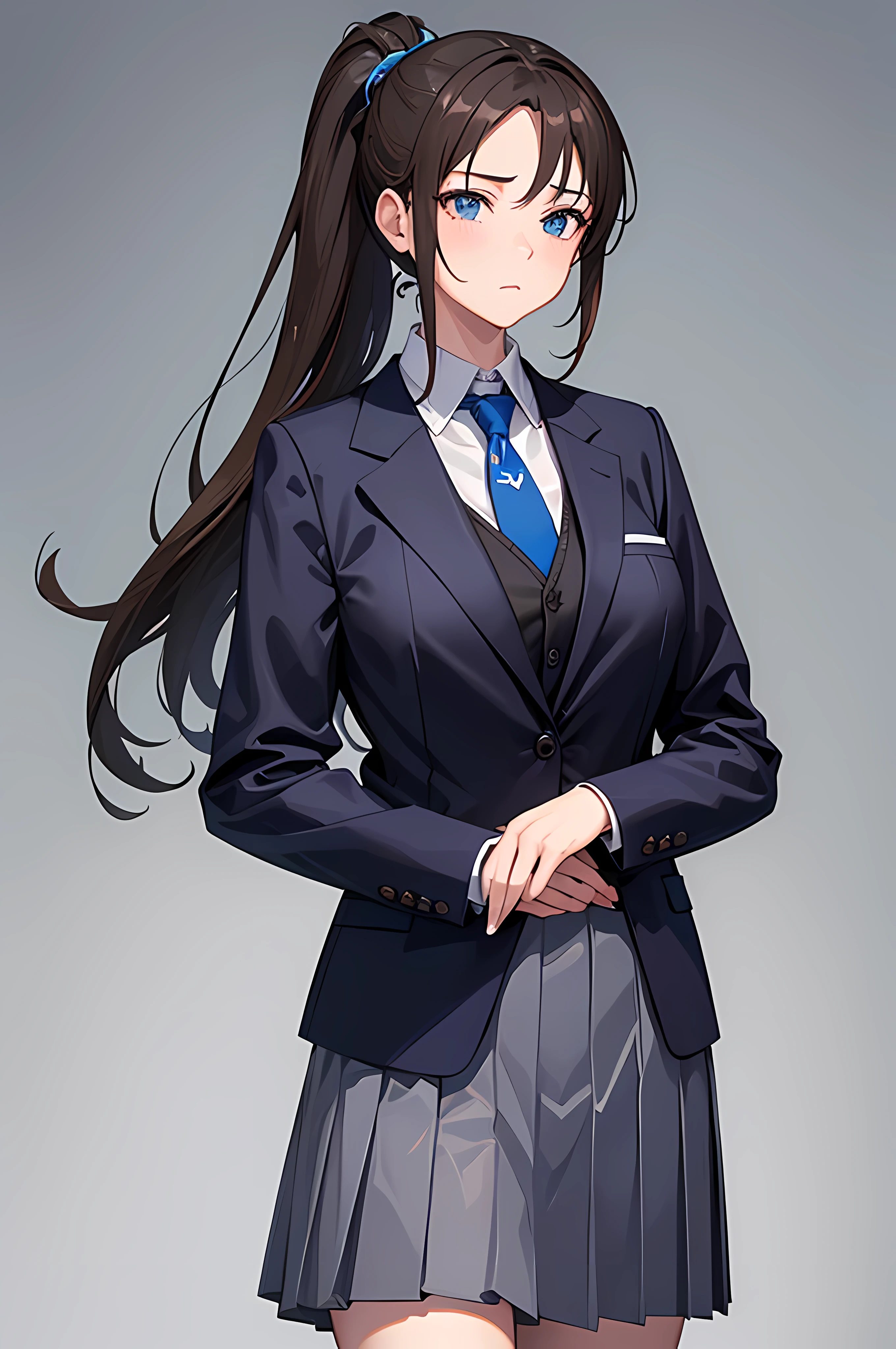 masterpiece, high_quality, 1girl, ponytail, brown_hair, big_breast, hands_down, school_uniform, blue_suit, white_shirt, gray_blue_skirt, gray_blue_necktie, simple_background