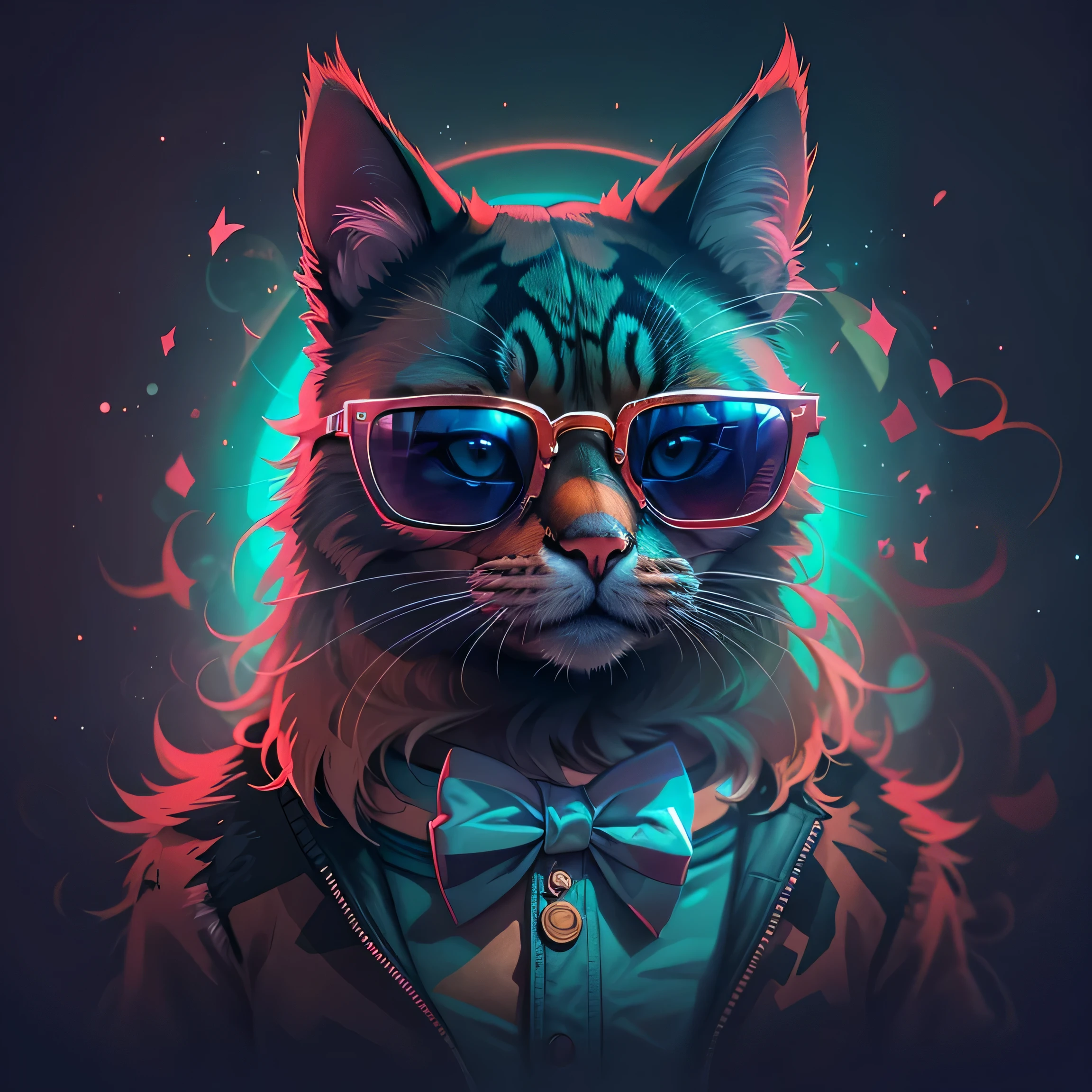 There is a cat wearing sunglasses and a bow tie, Vector art inspired by Mike Winkelmann, Shutterstock, fur art, Synthwave Art style, Synthwave Art style, Furry digital art, awesome cat, 4 k Synthwave Art style, Cyberpunk Cat, Looks really cool and stylish, Synthwave Art, digital art animal photography