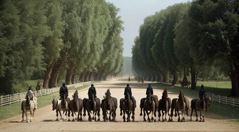 knights walking with horses on their way to the war (side view)