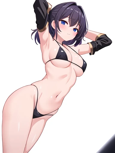 ((white background)), masterpiece, best quality, solo, random pose, sexy pose, seductive pose, black micro bikini, dutch angle, thighs,