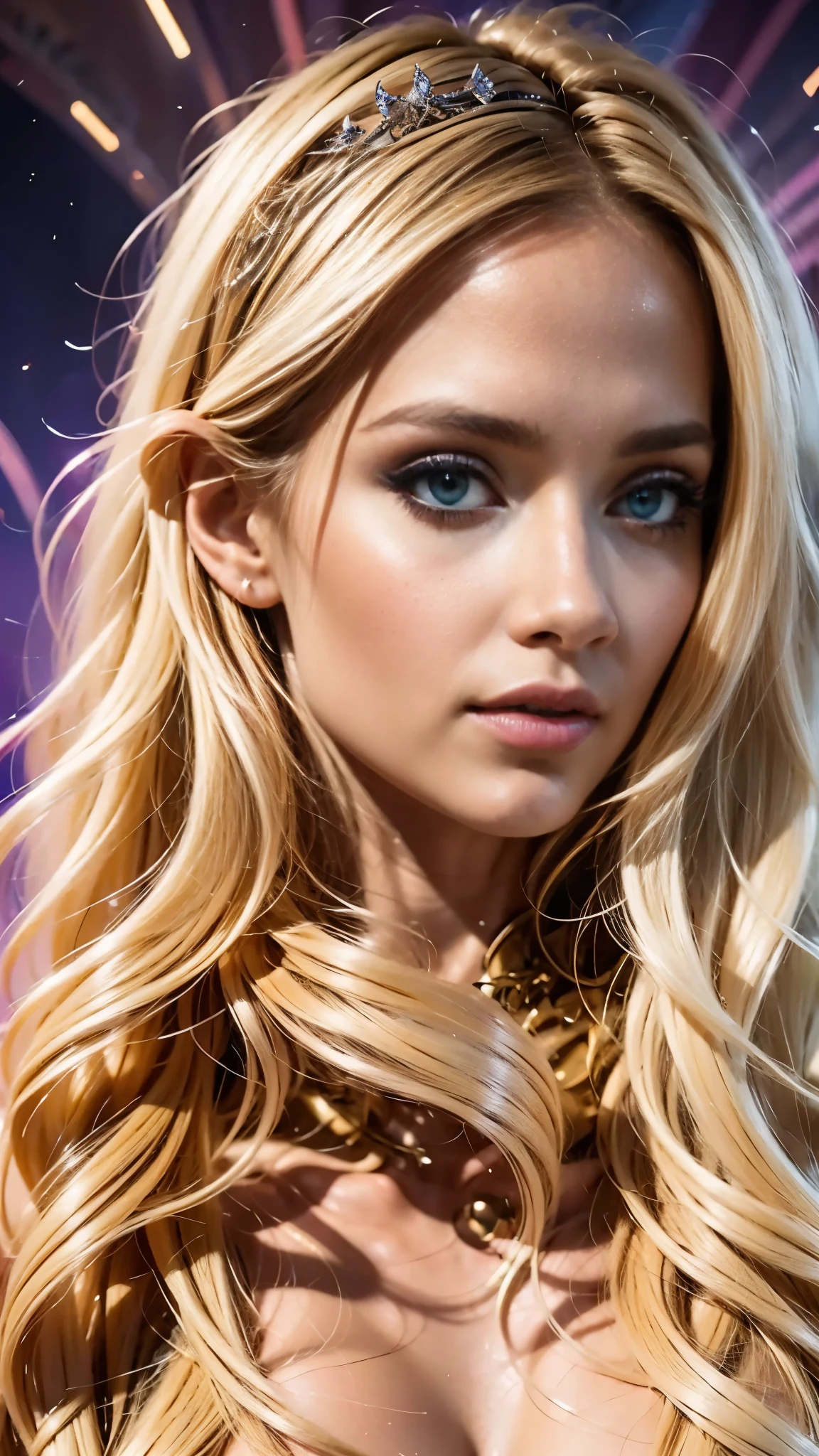 A girl with flowing golden blonde hair, beautiful detailed eyes, beautiful detailed lips, extremely detailed face, long eyelashes, golden imperial outfit, arrogant laughter, dynamic angle, clear sky background with twinkling lights, 8k, best quality, highres, ultra-detailed, photorealistic, vivid colors, masterpiece