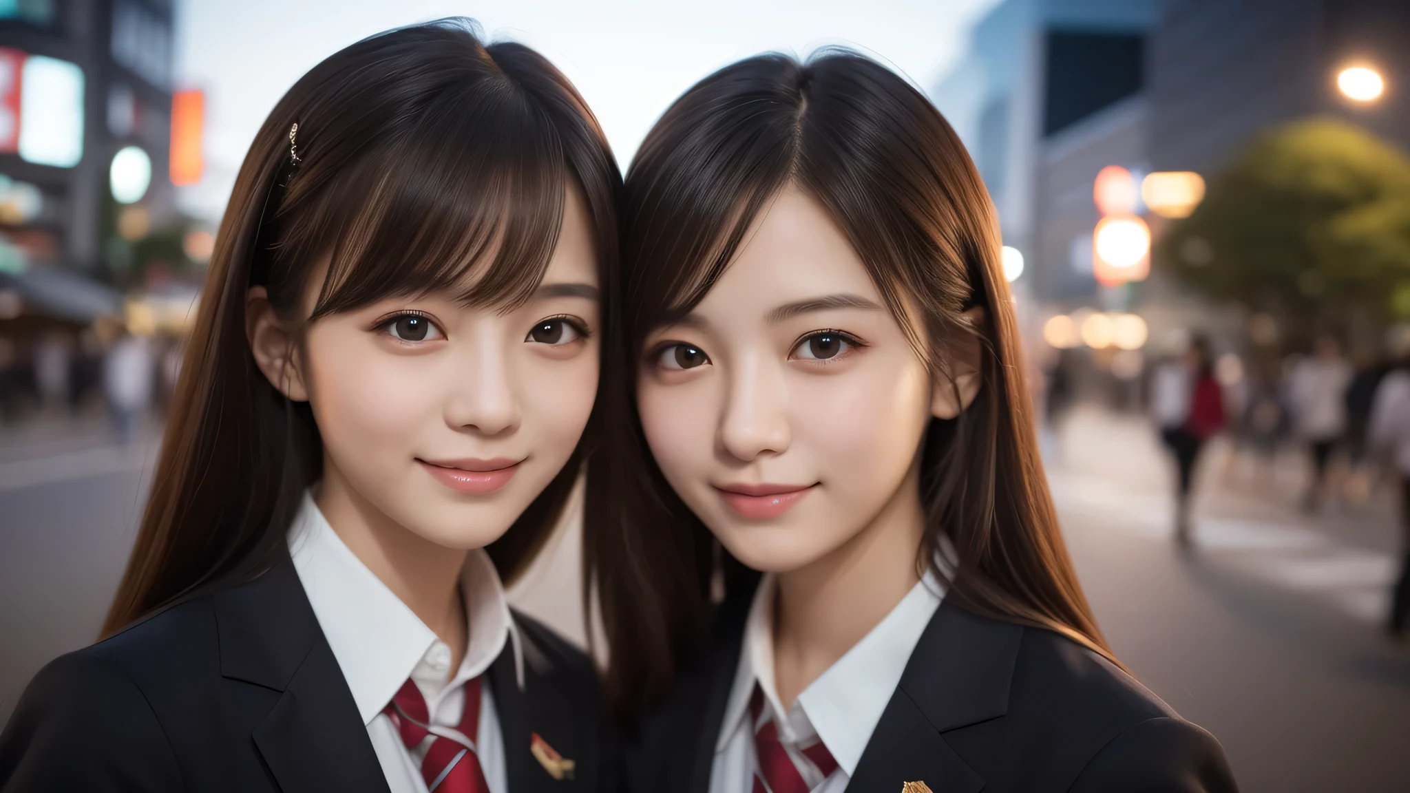 (2girl:1.2), enchanting smile, (Best Quality:1.4), Realistic, extremely detailed CG unified 8k wallpaper, highly detailed, High-definition raw color photos, professional photography, Realistic portrait, Cinematic Light, Beautiful detailed, Beautiful breasts, (Fine face:1.2), Close up portrait of girl, (high school uniform:1.2), Outdoors, (Tokyo city), Tokyo night scenery,
