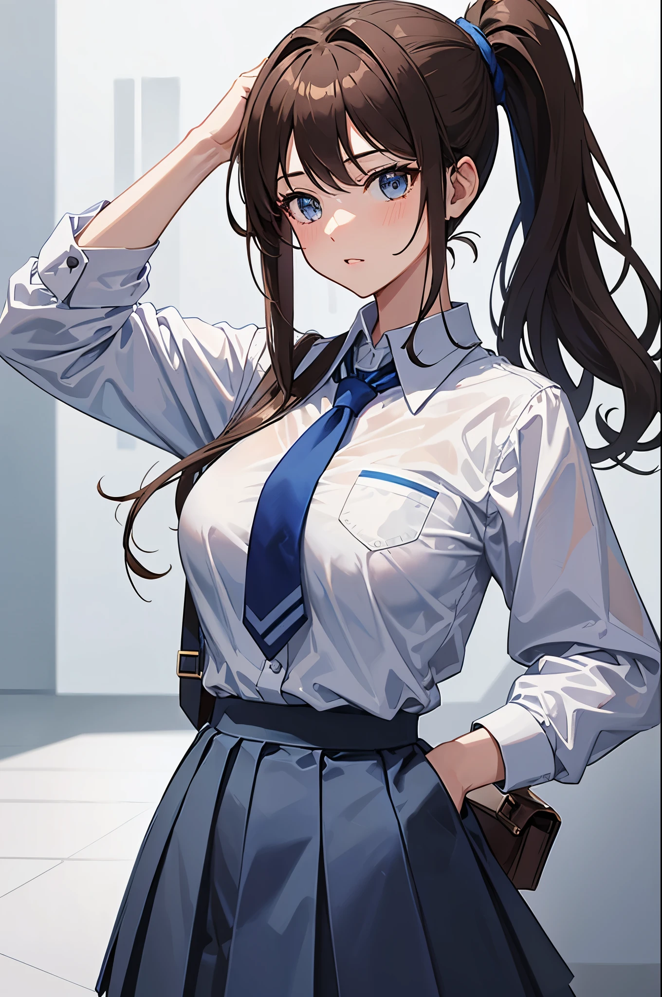 masterpiece, high_quality, 1girl, ponytail, brown_hair, big_breast, hands_down, school_uniform, blue_suit, white_shirt, gray_blue_skirt, gray_blue_necktie, simple_background