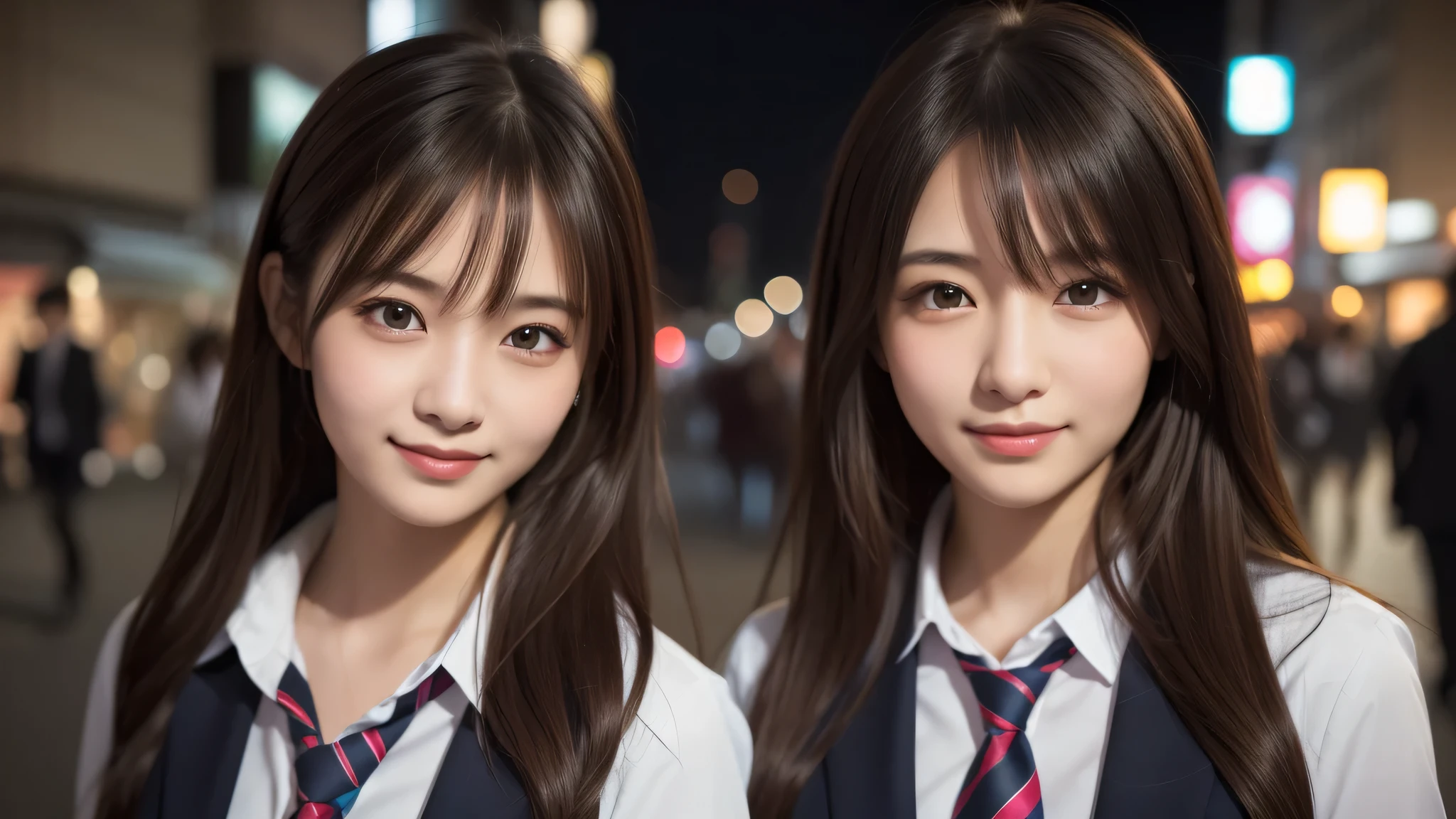 (2girl:1.2), enchanting smile, (Best Quality:1.4), Realistic, extremely detailed CG unified 8k wallpaper, highly detailed, High-definition raw color photos, professional photography, Realistic portrait, Cinematic Light, Beautiful detailed, Beautiful breasts, (Fine face:1.2), Close up portrait of girl, (high school uniform:1.2), Outdoors, (Tokyo city), Tokyo night scenery,