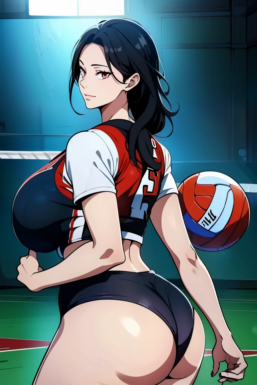 An anime-style artwork depicting acheron from the game Honkai star rail.
Tags: acheronhsr, anime, detailed eyes, detailed lips, (volleyball outfit : 1.4), midriff, smiling expression, intense gaze, glowing emblem on hand, dynamic pose, indoor, volleyball court, vibrant colors, digital art, high-resolution, professional quality, gigantic breasts, curvy, cowboy shot, (gigantic breasts: 1.4), (red eyes: 1.4), (black hair: 1.4), short hair, curvy ass, (big butt : 1.4), (bubble butt : 1.4), from behind, back view