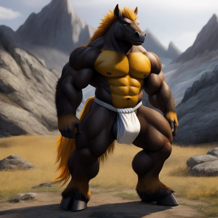 Furry, Antro , Complexion normal [Horse color dark Marronmetal] , [Fundoshi Bulto Male Big], [(Fundoshi BLANCO)], Solo,Tumbado [Bulto Male Big], Big Balls, Hooves , Detallado, cuerpo completo, Cuerpo Peludo Marron amarillo, Piedral Mountain Background, Pupil Eyes, Alta resolucion 4K