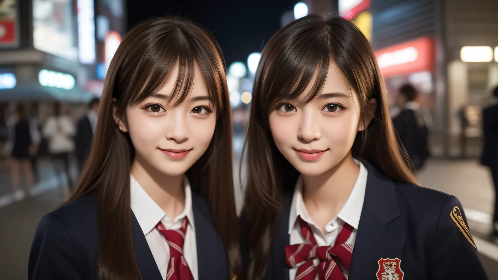 (2girl:1.2), enchanting smile, (Best Quality:1.4), Realistic, extremely detailed CG unified 8k wallpaper, highly detailed, High-definition raw color photos, professional photography, Realistic portrait, Cinematic Light, Beautiful detailed, Beautiful breasts, (Fine face:1.2), Close up portrait of girl, (high school uniform:1.2), Outdoors, (Tokyo city), Tokyo night scenery, 