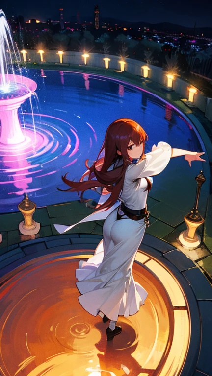Please draw a bird&#39;s-eye view of Makise Kurisu dancing in front of a fountain reflecting the moon.