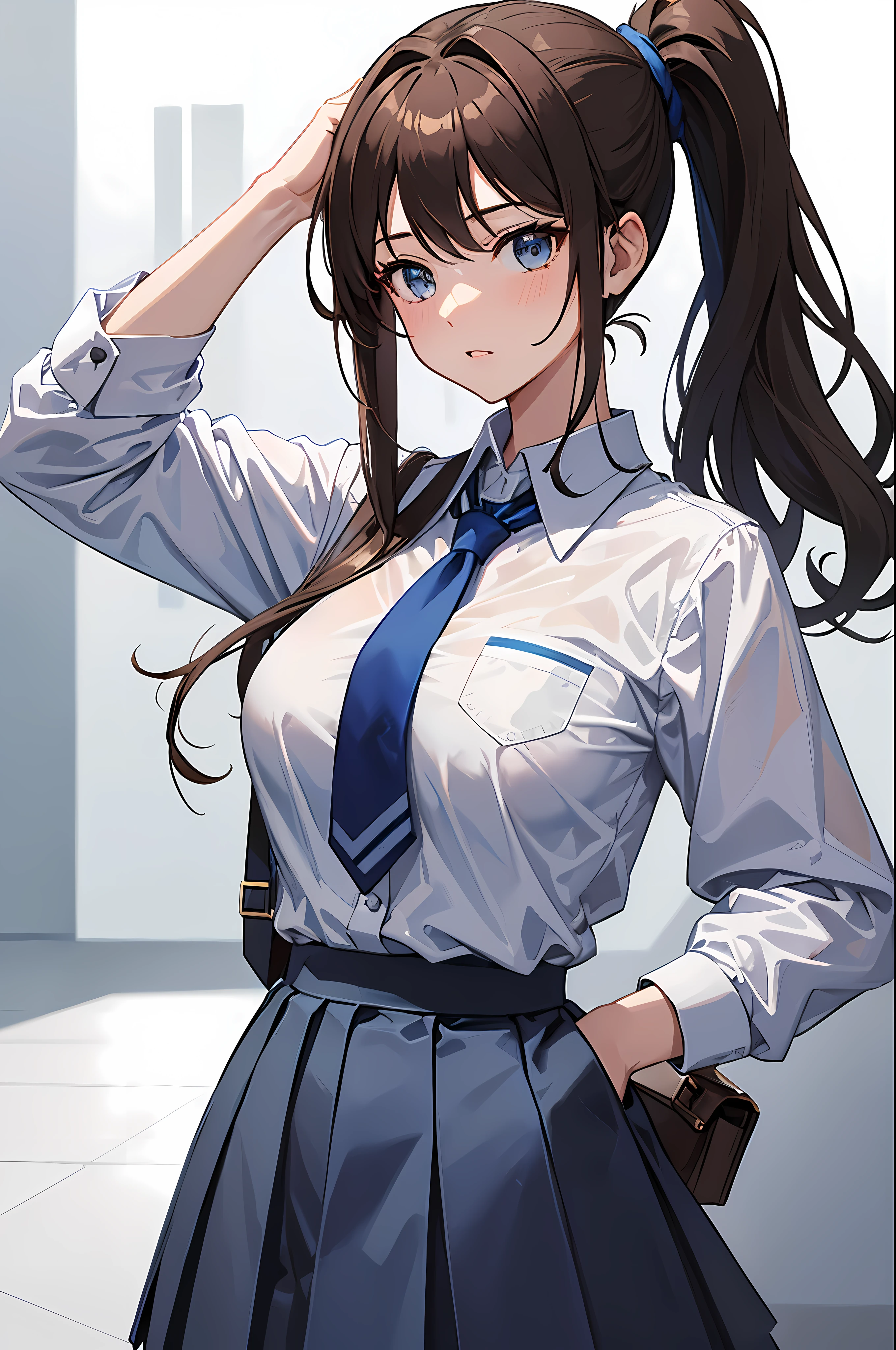 masterpiece, high_quality, 1girl, ponytail, brown_hair, big_breast, hands_down, school_uniform, blue_suit, white_shirt, gray_blue_skirt, gray_blue_necktie, simple_background