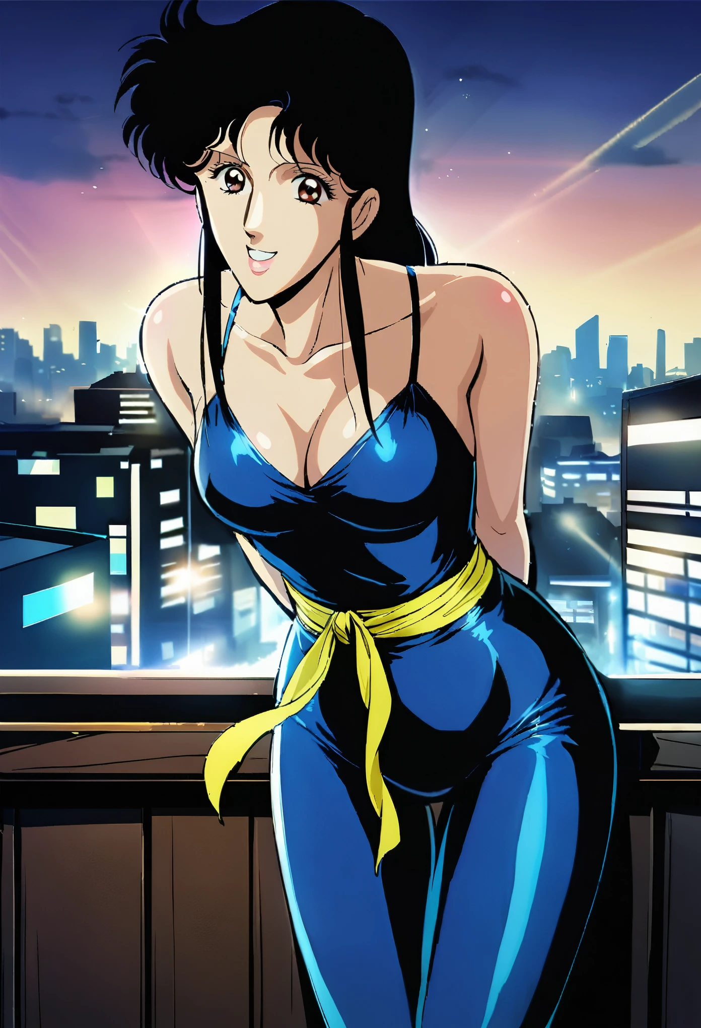 1girl, fh1to, Blue_Catsuit_Yellow_Belt,leaning forward, smiling, seductive, arms behind back, night, cityscape, blurry background, depth of field, backlighting, BREAK score_9, score_8_up, score_7_up, score_6_up, score_5_up, score_4_up, source_anime, (high quality, detailed, beautiful), shiny, outstanding, countershading
