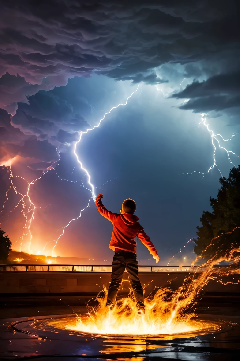 Picture prompts: A thrilling scene of flames bursting out, water flowing, and lightning illuminating the frame, Jacquot l'Enfant, a curious little boy, peering intently and trying to climb into the picture.
Detailed description: The image portrays an electrifying and dramatic moment of nature consisting of flames engulfing the bottom portion of the frame and cascading water droplets arcing overhead, with vibrant lightning strikes illuminating the scene. In the foreground, there is a captivating figure of Jacquot l'Enfant- a young, adventurous boy with bundles of energy and fascination towards the elements. Dressed in tattered