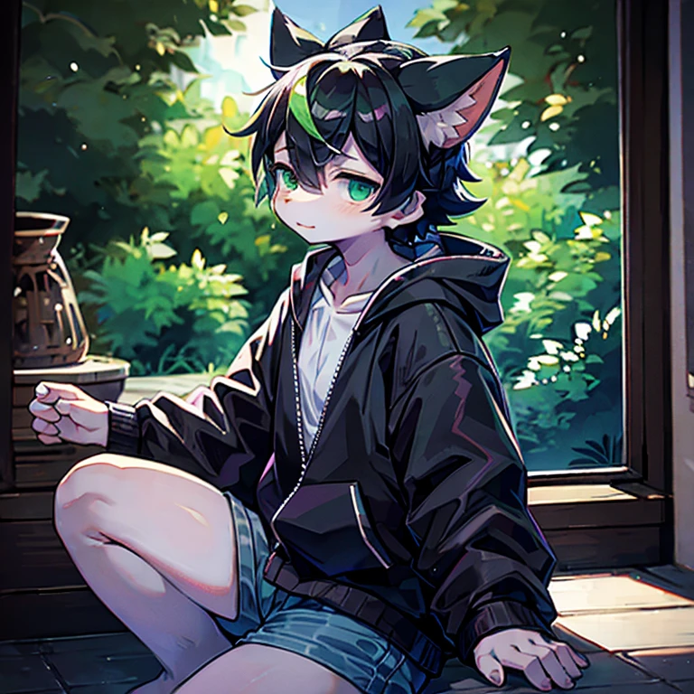 masterpiece, alone, Furry, kemono, Shaggy fox, personification, black fur, Dark Skin, Mint green eyes, Mint green hoodie, Femboy, 