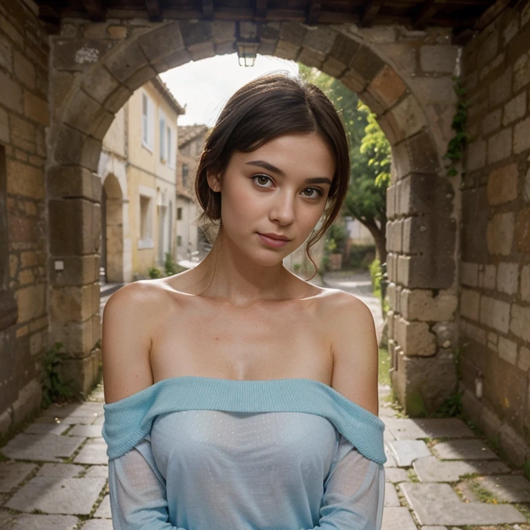 jeune femme de 25 ans, brune aux yeux bleus, chemisette blanche transparente, marque de bronzage, summer rain, bare shoulders, low-cut, in a medieval village, murs en anciennes pierres, portes en bois
