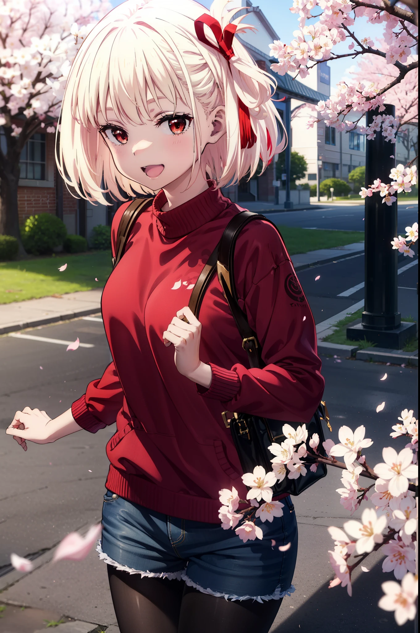 chisatonishikigi, Chisato Nishikigi, long hair, bangs, Blonde, (Red eyes:1.5), hair ribbon, happy smile, smile, Open your mouth,Red oversized sweater,Shorts,Black pantyhose,Mini Boots,Cherry blossoms are blooming,Cherry blossoms are scattered,Cherry blossom tree-lined path,
break outdoors, University School building,
break looking at viewer, (Cowboy Shot:1.5),
break (masterpiece:1.2), highest quality, High resolution, unity 8k wallpaper, (figure:0.8), (Beautiful fine details:1.6), Highly detailed face, Perfect lighting, Highly detailed CG, (Perfect hands, Perfect Anatomy),