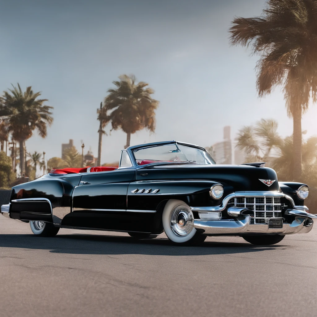 A 1950's Cadillac convertible retooled into a SuperBlack HotRod Low Rider that's got an oversized monster motor sticking up through the hood, absolutely outstanding, and best quality. Totally customized. Masterpiece Full View Wide Angle, sunshine, gleaming bright, polished chrome, red rose. 