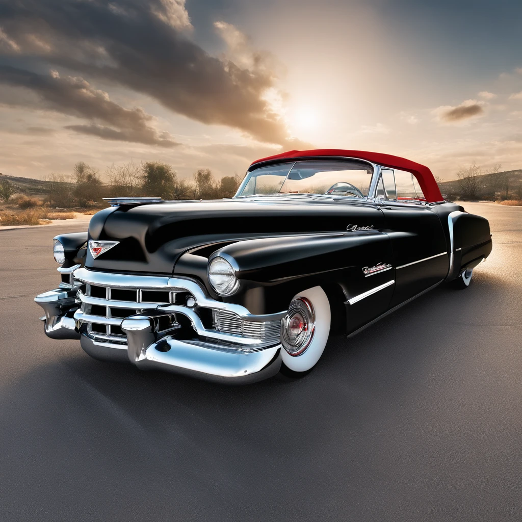 A 1950's Cadillac convertible retooled into a SuperBlack HotRod Low Rider that's got an oversized monster motor sticking up through the hood, absolutely outstanding, and best quality. Totally customized. Masterpiece Full View Wide Angle, sunshine, gleaming bright, polished chrome, red rose.