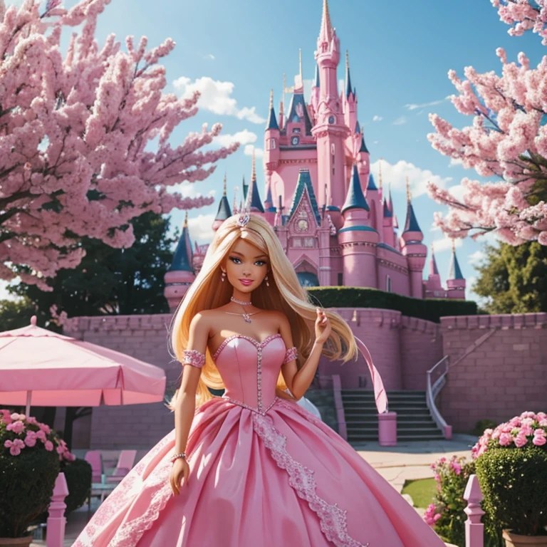 Barbie on the background of a pink castle