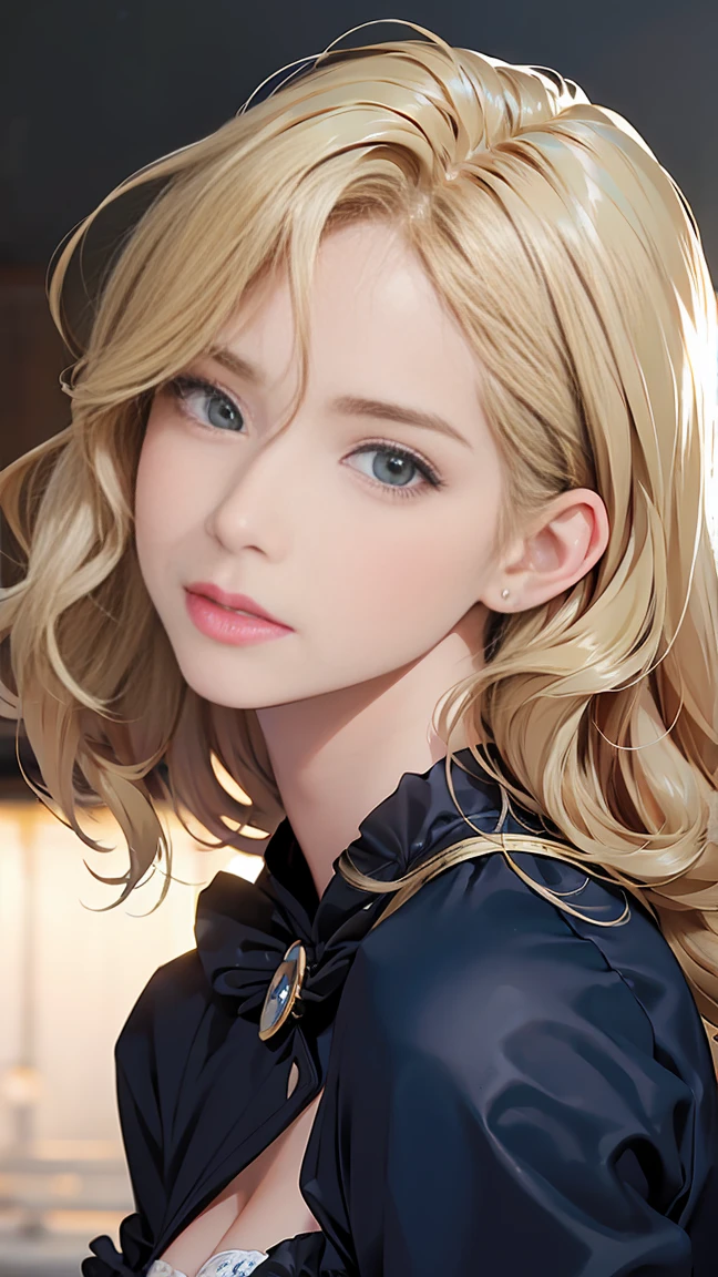 (8ก, highest quality: 1.2), Very detailed, thorough solution, (Realistic, Realistic photo: 1.37), Portraiture, High resolution RAW color photograph, arrested in the line of duty, High resolution and beautiful, High resolution, 8ก Image Wallpaper, Amazing details, Large file size, Very detailed美少女, Very detailed face, Finely defined eyes, Fine skin., All features are clearly displayed., The contours of the fingers are also well-shaped..., the nose has the correct shape., expressive lips, Perfect Anatomy, background is not blurred, one story, (20:1.2), 20th Generation, pretty girl, Realistic, (Vertical curly haired girl with long blonde hair:1.3), (Blue Iris)