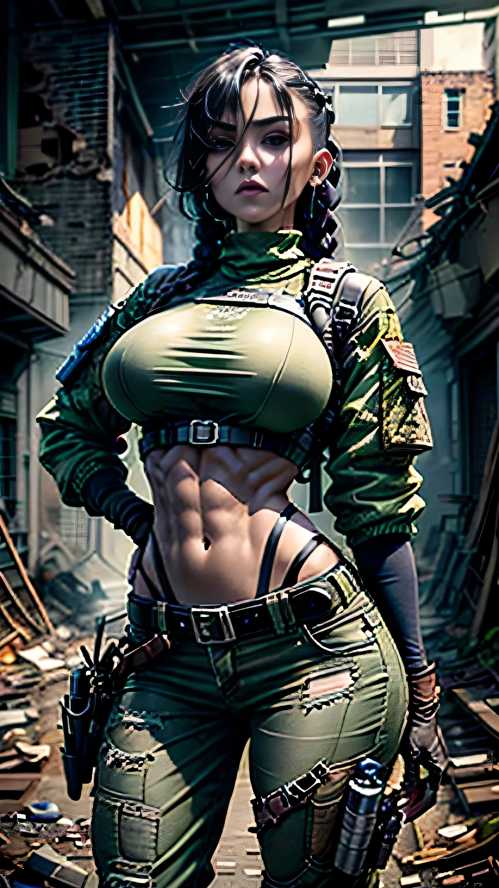 realistic anime artwork, 1girl, adult female, (((full body shot, wide shot))), (((stunning body, fitness, big breasts, narrow waist, defined abs, light six pack abs, navel exposed, abs exposed, muscular hips, wide hips, thick thighs))), white skin tone, ((piel sudada, piel sucia)), dark brown hair, (((single side shaved and braids))), shiny hair, female warrior haircut, post apocalyptic world survivor, torn crop top, green military camo crop top, lowrise thight pants, dirty pants, military tactic boots, military tactic belt, military handgun chest harness underbust military tactic harness, military tactical gloves, fierce and confident expression, dominating, intimidating, on an abandoned factory, sitting on a wrecked appliance, manly attitude, handguns, rifles, tactical knife, high detailed background, inctrincated, anime, anime style, depth of field, god rays, ray tracing, drop shadow, ((wide shot, 25ft distance shot,35mm, Nikon)), UHD, UHD, masterpiece, accurate, anatomically correct, textured skin, super detail, high details, best quality, 16k