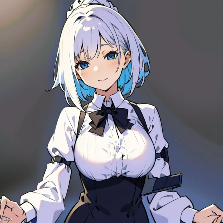 (best quality,4k,8k,highres,masterpiece:1.2), ultra-detailed, (realistic,photorealistic,photo-realistic:1.37), short hair, silver hair, blue eyes, white and black , blue bow tie, fair skin, pencil sketch, high contrast, vivid colors, soft lighting