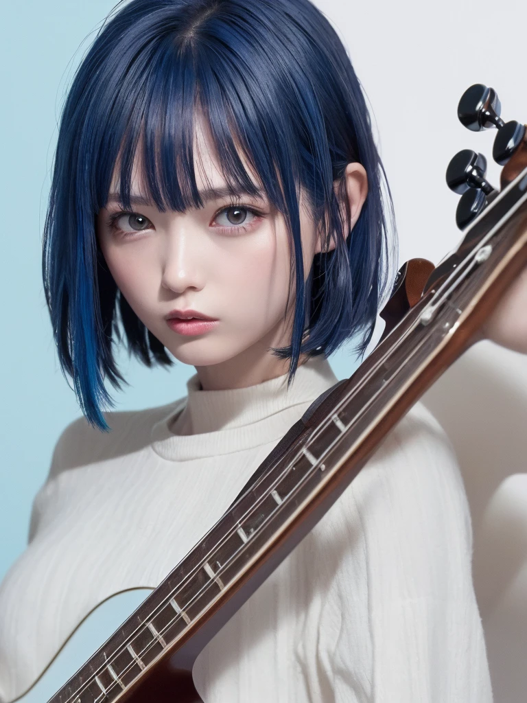 (((best image quality、8k、Beautiful woman、Pure white wall background)))、bassist、I'm playing bass、playing the basedium hair woman、blue hair color、angry look、wearing a light blue dress、