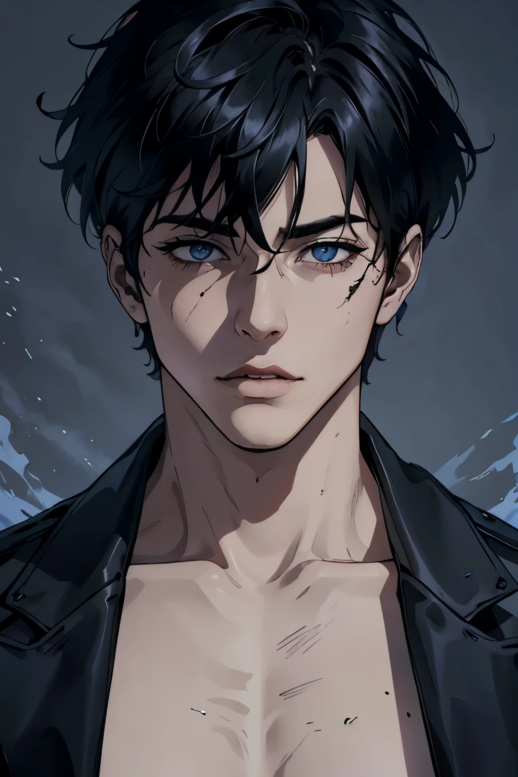 Manhwa Arte Europeo, homem de 25 anos, Pelo desordenado de la cabecera, Cabelo preto azeviche, Olhos penetrantes, sobrancelhas grossas, Use uma fantasia de vampiro, olhos amarelos, orelhas pontudas, presas saindo de sua boca, sangue escorrendo de sua boca, threatening, sensual, sensual, queixo afiado, mirada penetrante, Personagem frio e misterioso, 8k, recursos detalhados, muito bonito